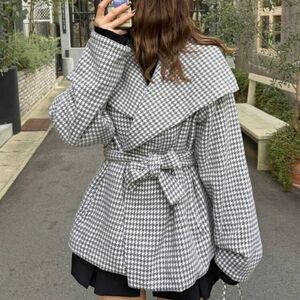 Women's Large Collar Cinched Waist Houndstooth Regular Fit Jacket